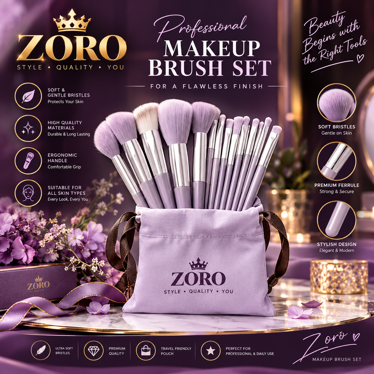 ZORO 13-Piece Soft Makeup Brush Set | Complete Your Beauty Routine