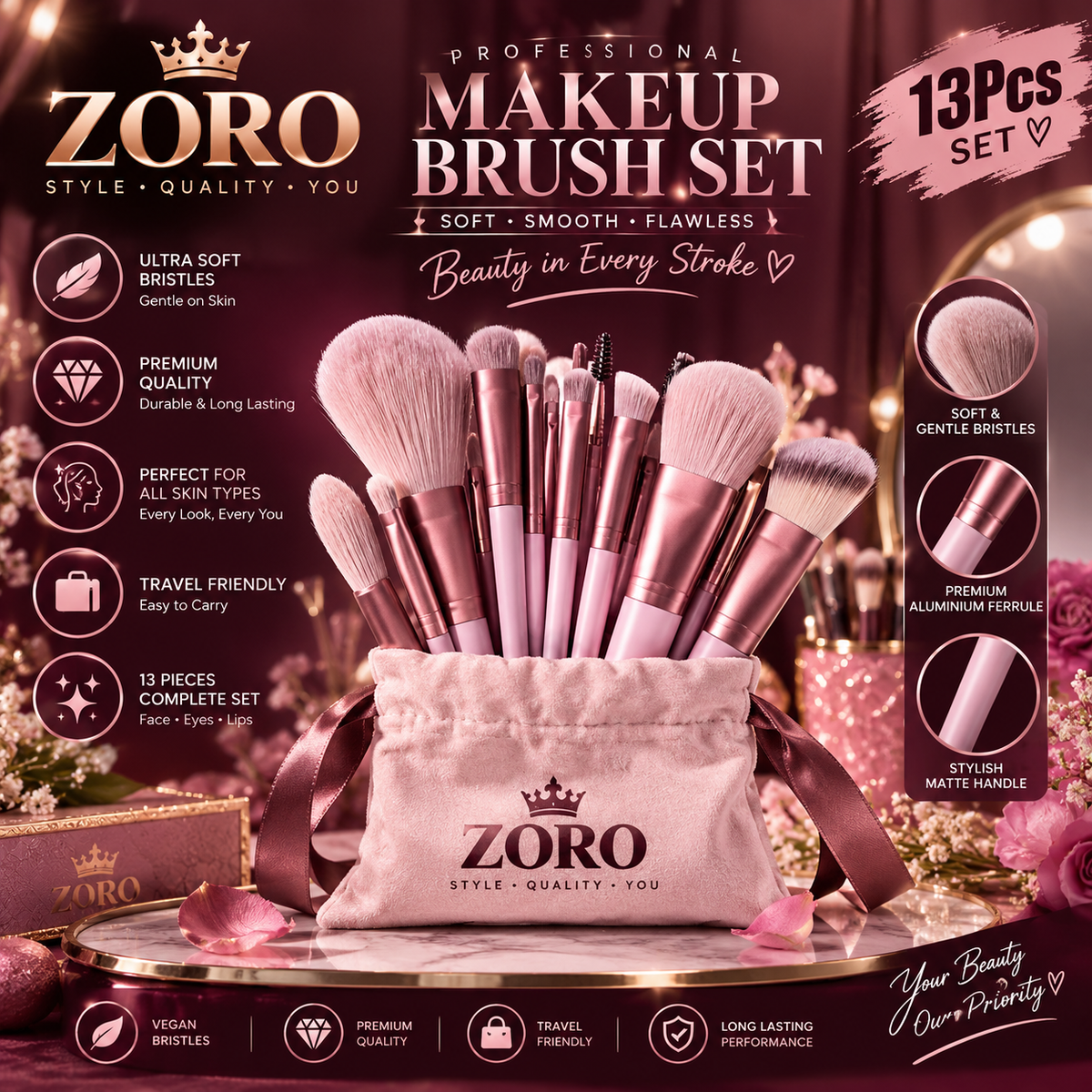 ZORO 13-Piece Soft Makeup Brush Set | Complete Your Beauty Routine